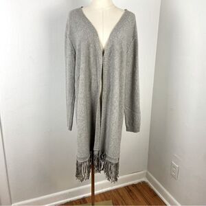 Tahari Womens Duster Cardigan 2X Gray Cotton Blend Longline Fringed Sweater Boho